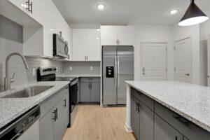 Modern kitchen with gray cabinets, stainless steel appliances, and granite countertops.