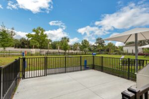 Enclosed grassy area with black fence, umbrellas, and trees under a blue sky with clouds.