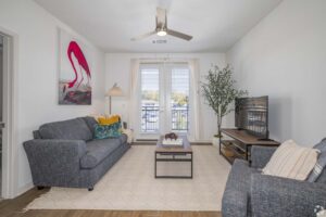 Modern living room with gray sofa, vibrant art, TV, and a large window providing natural light. Cozy and elegant decor.
