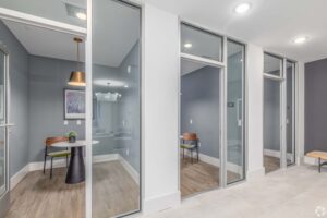 Modern gray office pods with glass doors, light wood floors, and minimalist decor for private workspace.
