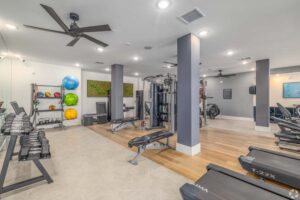 Modern gym with fitness equipment, weights, and resistance bands for a complete workout experience.